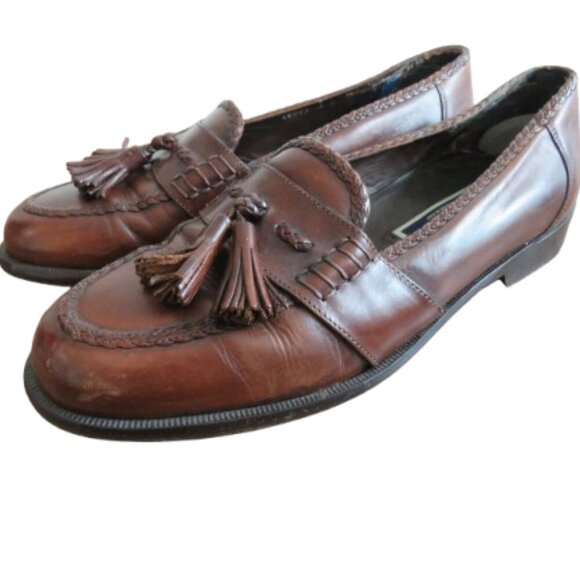 COLE HAAN BRAGANO Cognac Leather Tassel Slip On Loafers Preppy Made In Italy - - Picture 1 of 15